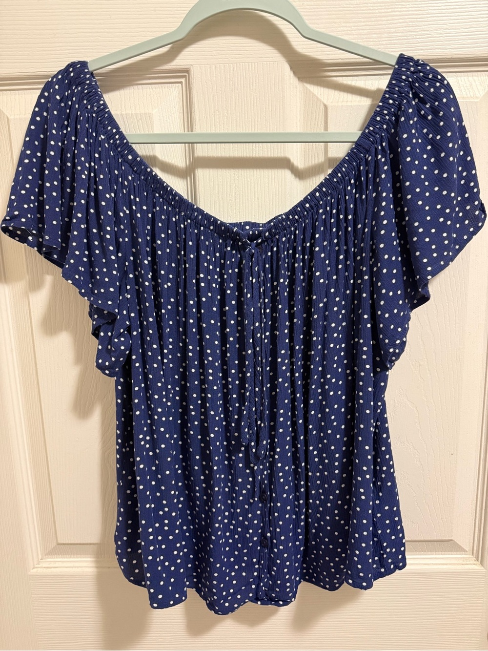 Express Navy Blue White Polka Dot Off-Shoulder Blouse